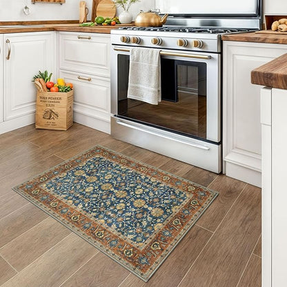KUTA Vintage 2x3 Rugs for Entryway, Non-Slip Washable Kitchen Rugs & Indoor Door Mat with Floral Print, Blue Terracotta Ultra Thin Soft Low-Pile Throw Rug for Front Door, Bedside, Small Spaces