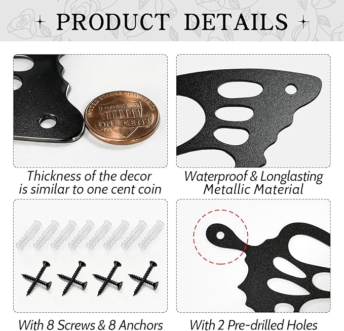 PoYang 4 Pieces Metal Butterfly Wall Decor - Butterflies Metal Wall Art for Living Room Dining Room Bedroom Bathroom Kitchen | Black | Lightweight | Cute and Modern | Easy to Install
