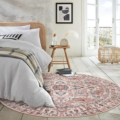 KOZYFLY Round Rug 6 Ft Rugs for Entryway Washable Circle Rug Non Slip Round Living Room Rugs Printed Faux Wool Round Dining Room Floor Carpet Floor Carpet for Entryway, Bedroom, Red Salmon/Pink/Navy