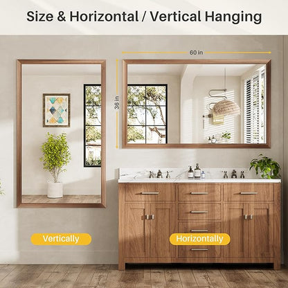 60x36 Inch Bathroom Mirror for Wall, Anti-Rust Walnut Wood Grain Metal Framed Bathroom Mirrors for Over Sink,Rectangler Mirrors for Bathroom Vanity, Farmhouse, Bedroom, Living Room, Entryway Decor