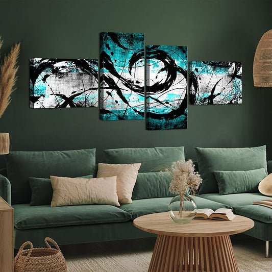 KREATIVE ARTS 4 Panel Turquoise Decor for Living Room Large Size Teal Wall Art Blue Grey Black Wall Decoration Canvas Print Modern Abstract Painting L68xH32inch (Blue)