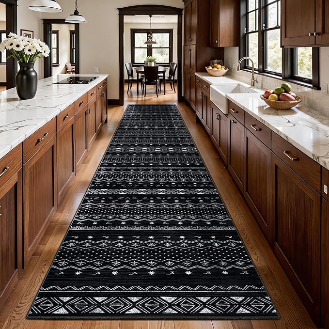 SERISSA Hallway Runner Rug, 2'6"x14' Washable Non-Slip Black and White Runners for Hallways, Soft Low-Pile Boho Geometric Indoor Long Carpet for Kitchen Entryway Laundry Bedroom Bathroom
