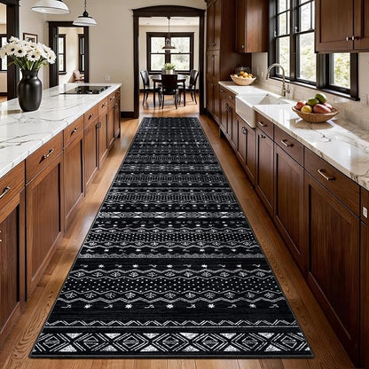 SERISSA Hallway Runner Rug, 2'6"x14' Washable Non-Slip Black and White Runners for Hallways, Soft Low-Pile Boho Geometric Indoor Long Carpet for Kitchen Entryway Laundry Bedroom Bathroom
