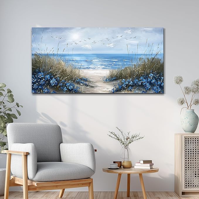 KELIYUAN Large Wall Art For Living Room Canvas Wall Decor For Office Bedroom Decoration Blue Ocean Wall Painting Sea Wave Pictures Printing Artwork Modern Beach Posters Aesthetic Home Decor 24"x48"