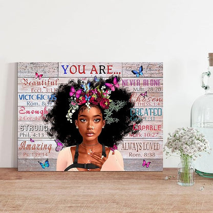 WOWGOOMO Vintage African American Women Wall Art Fashion Black Girl Portrait Canvas Pictures You Are Bible Quotes Poster for Living Room Bedroom Home Office Framed Inspirational Gift for Women 20"x24"
