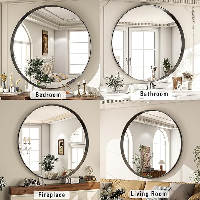 24 inch Round Bathroom Mirror, Wall Mounted Circle Mirror with Black Metal Deep Frame for Living Room, Hallway, Entryway as Wall Decor, Hanging or Leaning