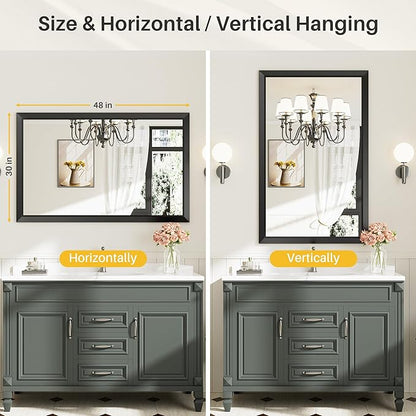 Briivue 48x30 Inch Black Bathroom Mirror for Wall, Thick Metal Framed Rectangle Mirrors for Over Sink, Bedroom, Living Room, Entryway, Anti-Rust, HD Tempered Glass