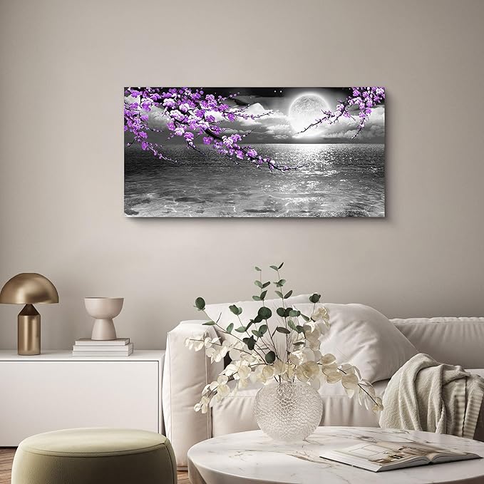 Large Purple Wall Art Decor for Living Room Bedroom Framed Black and White Seascape Full Moon Purple Flower Painting Canvas Picture Modern Hand-Painted Plum Blossom Artwork for Home Office