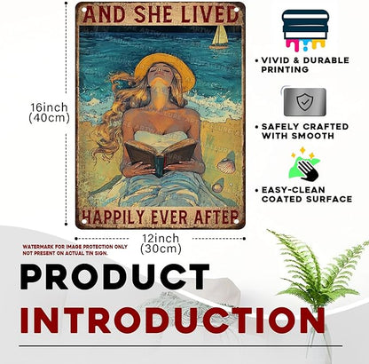 Vintage Inspired Quote Metal Tin Sign And She Lived Happily Ever After Rustic Home Decor For Cozy Corner Bookstore Cafe Girls Room Storybook Theme 12x16inch