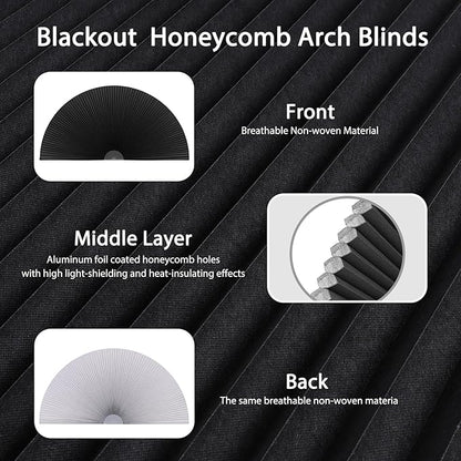 Arch Window Shade Blackout Cellular Shades Half Circle Moon Window Covering No Drill Honeycomb Cordless Blinds for Indoor Window Room Darkening Easy Install Light Blocking Blinds (1, Black, 36x18inch)
