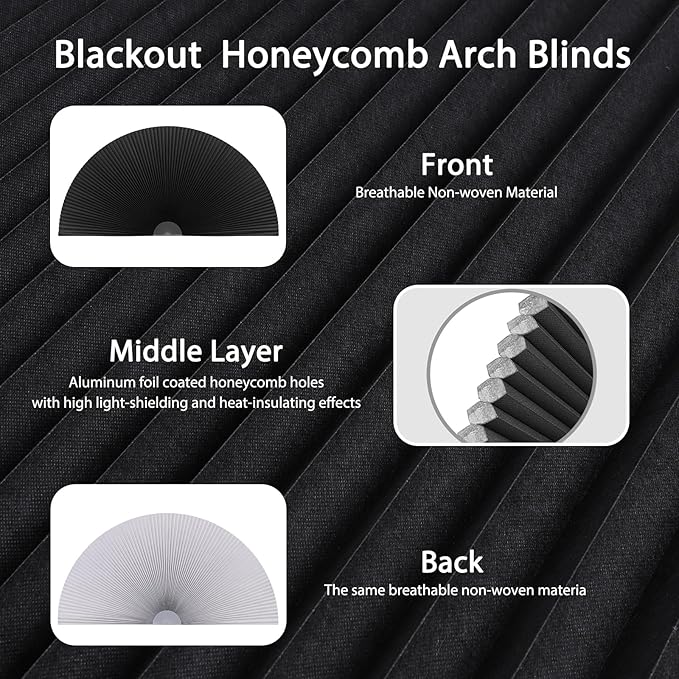 Arch Window Shade Blackout Cellular Shades Half Circle Moon Small Window Covering No Drill Honeycomb Blinds for Indoor Windows Room Darkening Easy Install Light Blocking Blinds (1, Black, 24x12inch)