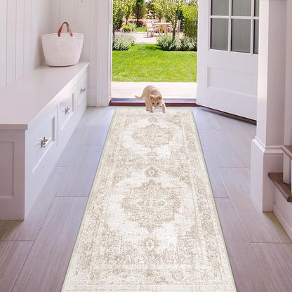 Runner Rug 2x5 Hallway Runner Rugs: Washable Vintage Kitchen Area Rug Medallion Distressed Rugs Non Slip Soft Low Pile Indoor Floor Carpet for Living Room Bedroom Bathroom Laundry(Beige, 2'x5')