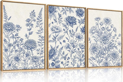 Large Navy Blue Chinoiserie Floral Framed Canvas Wall Art Set,Minimalist Blue and White Flower Wall Decor,Classic Watercolor Botanical Wildflower Art Print for Living Room,Bedroom-16 x24×3