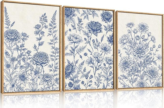 Large Navy Blue Chinoiserie Floral Framed Canvas Wall Art Set,Minimalist Blue and White Flower Wall Decor,Classic Watercolor Botanical Wildflower Art Print for Living Room,Bedroom-16 x24×3