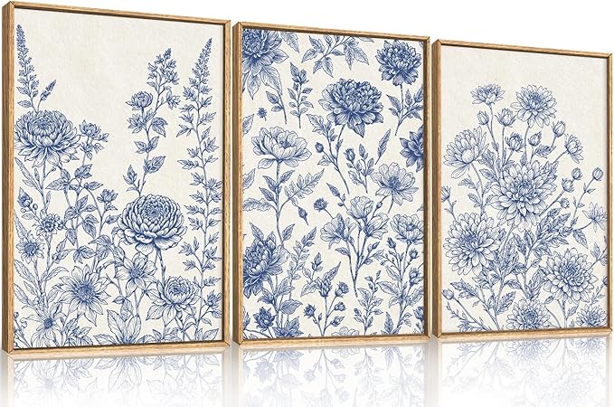 Large Navy Blue Chinoiserie Floral Framed Canvas Wall Art Set,Minimalist Blue and White Flower Wall Decor,Classic Watercolor Botanical Wildflower Art Print for Living Room,Bedroom-24 x36×3