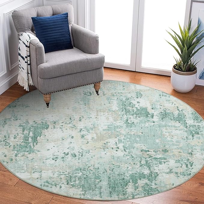 ROYHOME Modern Abstract 4x4 Round Area Rug Non Slip Non Shedding Rug Low Pile Stain Resistant for Bedroom Living Room Office Dining Room,Green
