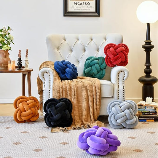 Xuyier Knot Pillow Ball, Decorative Throw Pillows with Velvet Fabric for Couch Bed, 12" Decor Knotted Square Floor Pillow Cushions for Living Room (12 Inches, Navy Blue)