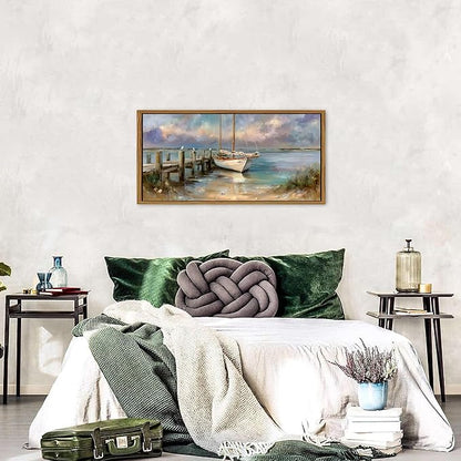 Nautical Boat Wall Art Framed Coastal Bathroom Wall Decor Vintage Classical Beach Artwork Abstract Ocean Landscape Picture Canvas Prints Seascape Seagull Artwork Living Room Home Decorations 20x40