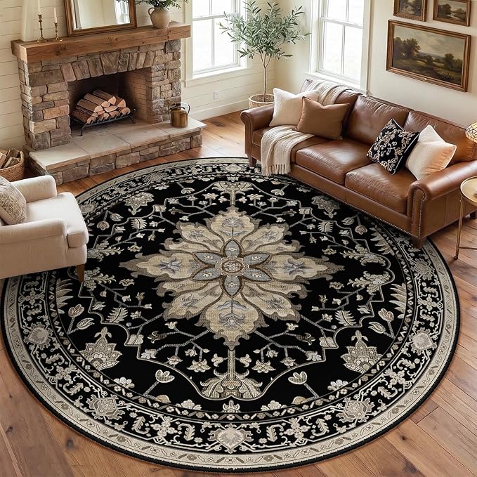 RELEANY Area Rugs Round 8ft Washable Non-Slip, Floral Vintage Distress Print Pattern Medallion Carpet for Living Room Bedroom Dining Room, Black Brown Neutral Dark Tan