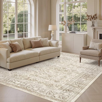 Area Rug 5x8 Washable Vintage - Soft Traditional Rugs for Living Room Large Non Slip Backing with Low Pile Farmhouse Oriental Retro Carpet for Bedroom Dining Room or Home Office - Yellowish Brown