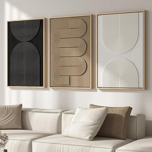 Large 3D Textured Framed Boho Modern Neutral Abstract Wall Art for Living Room, 3 Piece Black White Brown Paintings Artwork for Walls, Geometric Pictures for Office Bedroom Dining Room Decor, 24x36 In