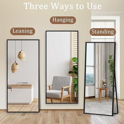 GlasFlength Full Length Mirror with Stand, 64"x21" Full Body Mirror with Aluminum Alloy Frame, Wall-Mounted/Leaning Against Wall/Standing Floor Mirror for Bedroom, Living Room, and Entryway