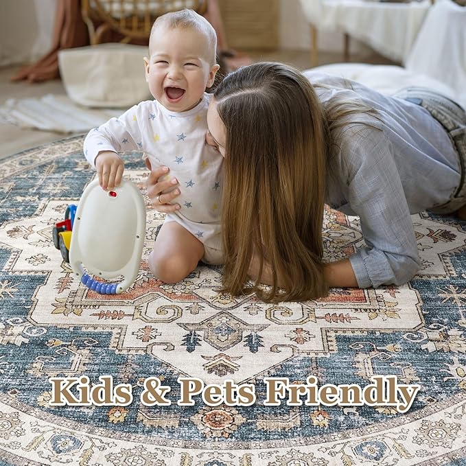 8x8 Round Area Rugs Washable Vintage - Soft Traditional Rugs for Living Room Large Non Slip Backing with Low Pile Farmhouse Oriental Retro Carpet for Bedroom Dining Room or Home Office - Blue