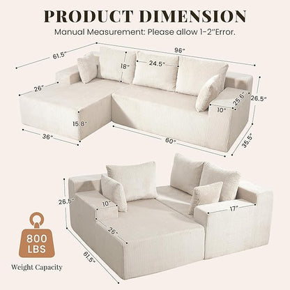 GRUSIGN Cloud Sectional Boneless Couches for Living Room, Modular L Shaped Couch with Deep Seat Oversized Left Facing Chaise, Memory Foam Compressed Spineless 3 Seater Sofa for Apartment, Beige