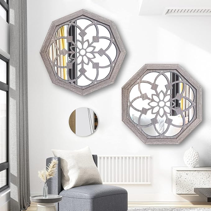 ZOLAPI 2 PCS 20 inch Octagon Wall-Mounted Mirrors,Vintage Farmhouse Mirror for Wall Decor,Barn Wood Color Decorative Accent Mirror for Foyer, Bathroom, Bedroom. (20”x20”)