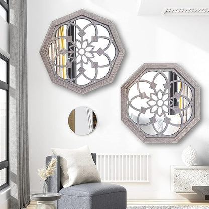 ZOLAPI 2 PCS 20 inch Octagon Wall-Mounted Mirrors,Vintage Farmhouse Mirror for Wall Decor,Barn Wood Color Decorative Accent Mirror for Foyer, Bathroom, Bedroom. (20”x20”)