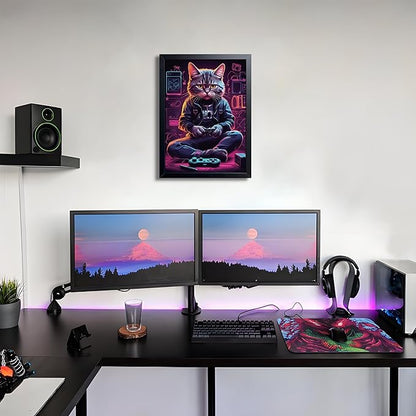 Framed Gamer Cat Canvas Wall Art, Kitten Playing Video Game Wall Decor, Cool Controller Neon Oil Painting, Boys Bedroom Gaming Room Canvas Print Poster 8x10 Inch