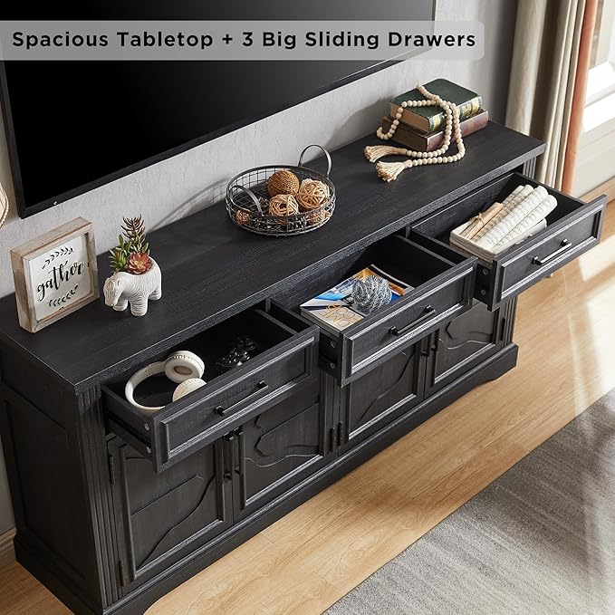 JXQTLINGMU TV Stand for TVs Up to 75", 66" Wide Entertainment Center with 4 Door & 3 Drawers, Media Console Table for Living Room, Black