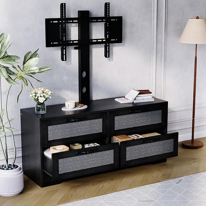 GarveeHome 4 Drawer Dresser TV Stand with Mount, XXX Inch Rattan Entertainment Center for TVs Up to 70 Inch, Farmhouse Wooden Media Console for Living Room, Bedroom, Black