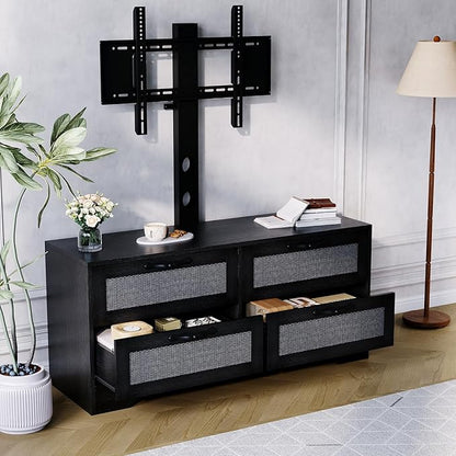 GarveeHome 4 Drawer Dresser TV Stand with Mount, XXX Inch Rattan Entertainment Center for TVs Up to 70 Inch, Farmhouse Wooden Media Console for Living Room, Bedroom, Black