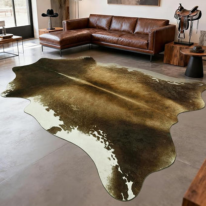 Oversized Washable Non Slip Cowhide Rug 8x10 Brindle and White, Large Faux Animal Skin Area Rugs for Living Room, Western Rustic Cottagecore Home Decor Carpet TPR Backing