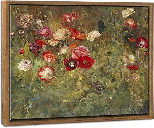Pyradecor Vintage Wall Art Retro Home Decor Living Room Decor A Bed of Poppies Framed Canvas Wall Art Classical Floral Painting for Bedroom Office Decorations