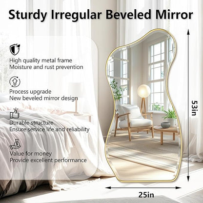 POZINO Irregular Beveled Mirror, 53"x25" Large Asymmetrical Aesthetic Wall Mirror with Gold Metal Frame, Premium Organic Shaped Mirrors for Living Room Bedroom Hallway Entryway, Leaning/Wall-Mount