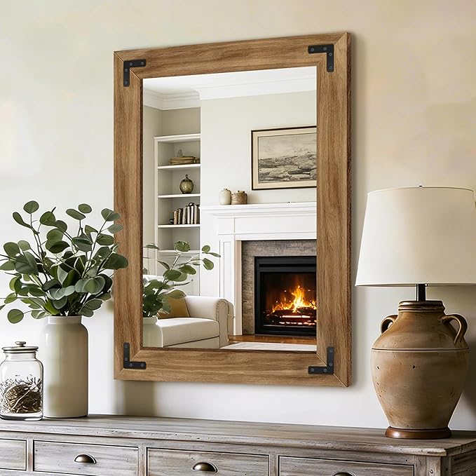 AMOISE Farmhouse Bathroom Vanity Mirror, 32" x 24" Wood Frame Wall Mirror, Vintage Rustic Decor for Entryway, Bedroom, Living Room, Vertical or Horizontal Hanging
