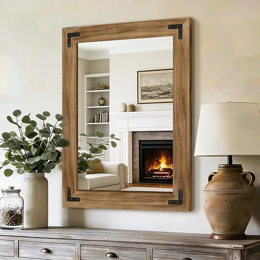 AMOISE Farmhouse Bathroom Vanity Mirror, 32" x 24" Wood Frame Wall Mirror, Vintage Rustic Decor for Entryway, Bedroom, Living Room, Vertical or Horizontal Hanging