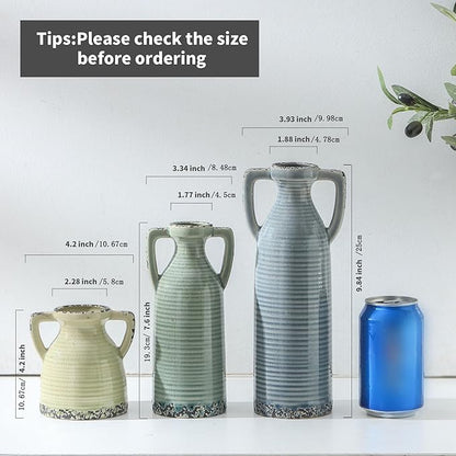Ceramic Vases Set of 3, Neutral Rustic Farmhouse Vase with Handle, Decorative Flower Vases Home Decor Modern Boho Pampass Vase for Table Mantel Entryway Shelf Living Room Kitchen Bathroom - Multicolor
