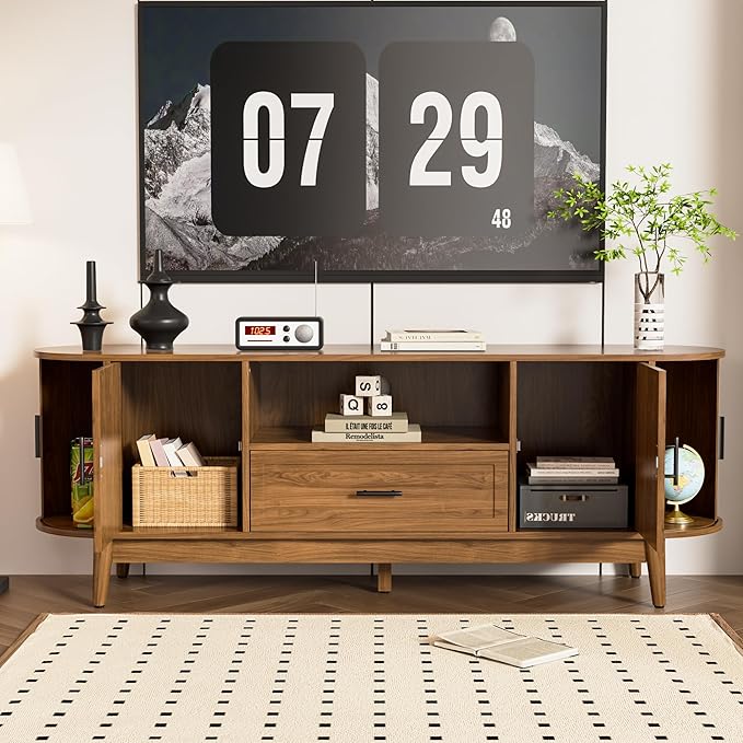 Mxtxmy 63" Fluted TV Stand for Tvs up to 70", Mid-Century Modern Entertainment Center with Drawers and Fluted Doors, Curved TV Media Console Table with Sliding Doors for Living Room, Bedroom (63")