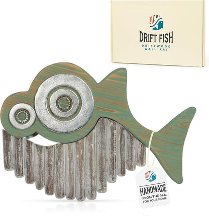 Driftwood Fish Nautical Wall Decor - Handmade Wooden Rustic Coastal Wall Art for Living Room, Bedroom, Office, Bathroom - Ocean Beach Decoration (Ratchet)