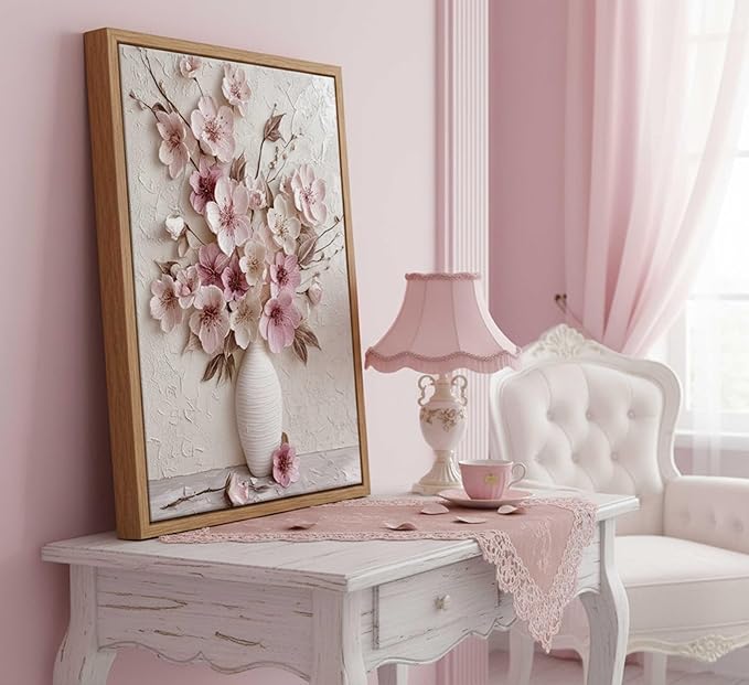 Framed Pink Floral Canvas Wall Art Abstract Flowers Plant Bouquet in Vase Painting Picture Wall Decor Poster Print Artwork for Living Room Bedroom Woman Room Home Decoration