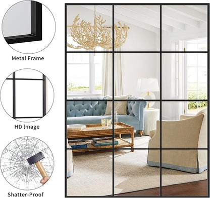 Rectangle Mirror, Window Mirror Wall Mounted, 36"×48" Window Pane Mirror Wall Decor Metal Framed, Large Black Mirror for Bedroom Living Room Fireplace Entryway Hanging or Leaning Against Wall