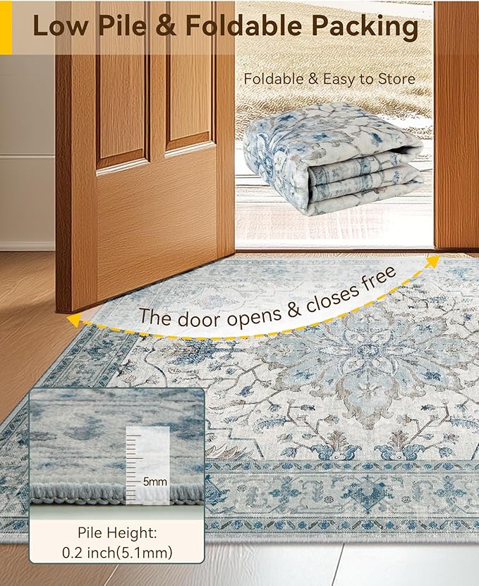 RELEANY Area Rugs 3'x7' Runner Rug Non Slip Washable for Kitchen Hallway Bedroom Beside Laundry Room Bathroom Rug, Floor Carpet, Light Blue Navy Beige Gray White
