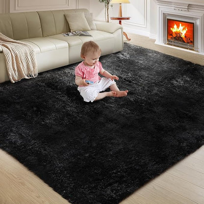 Ultra Soft Rug for Living Room, 6X9 Fluffy Shag Area Rug for Bedroom, Modern Shaggy Carpets Fuzzy Rug for Teens Dorm Nursery Home Decor Aesthetic, Upgrade Anti-Skid Durable, Black