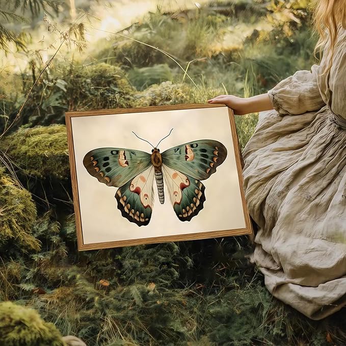 Framed Vintage Butterfly Canvas Wall Art, Moody Insect Wall Decor Paintings, Cottagecore Moth Artwork Pictures Prints Antique Home Decor for Living Room Bedroom Bathroom 12x16 inch