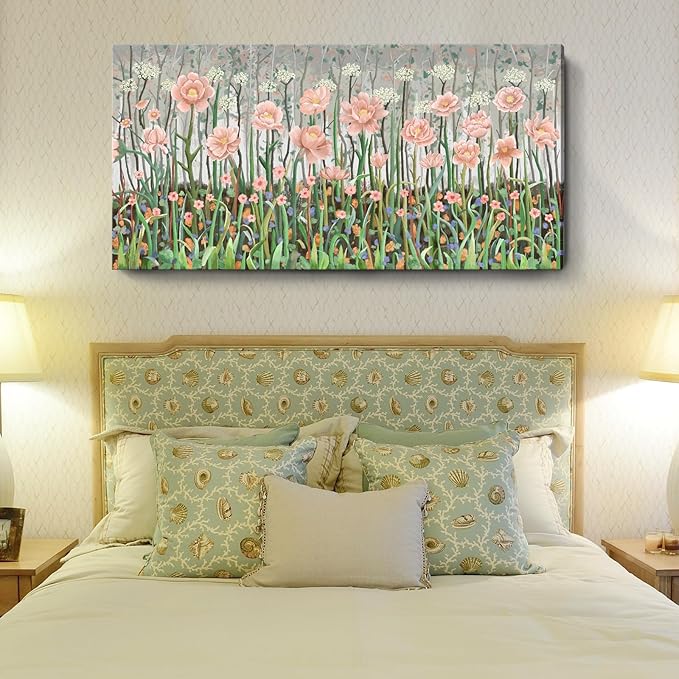 Extra Large Rustic Landscape Plant Wall Art For The Living Room, Pink And Green Natural Floral Canvas Art Print, Warm And Soothing Modern Wall Decor Picture For Living Rooms, Lounges, Bedrooms, And Studies. 58X29 Inches.