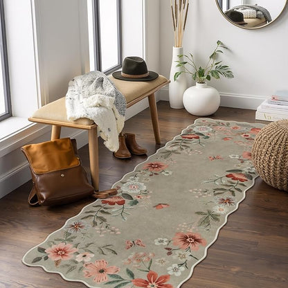 Lahome Floral Kitchen Runner, 2x5 Soft Washable Runner Rug Non Slip, Ultra-Thin Hallway Rug Stain Resistant Boho Carpet for ‎Laundry Bathroom Bedroom Flore (2x5ft,Brown)