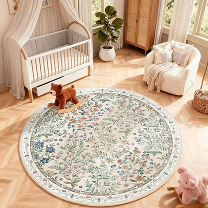 Washable Round Rugs for Bedroom 4ft: Living Room Rug Stain Resistant Non Slip Low Pile Ultra Soft Faux Wool Small Circle Rugs for Entryway Kitchen Bathroom Nursery Entrance Dorm Home Office Indoor